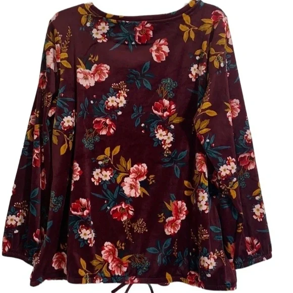 🌸 2/$25 NWT Maroon Red Loft Plus Floral Velour Crewneck Pullover Top - Picture 3 of 8